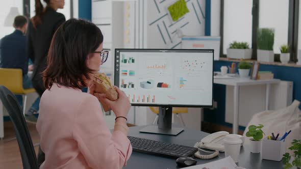 Businesswoman Working in Startup Company Office Having Food Meal Takeout Lunchtime