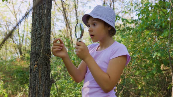 Little Child Naturalist Botanist with a Magnifying Glass Surprised and Shocked Explores Tree Bark