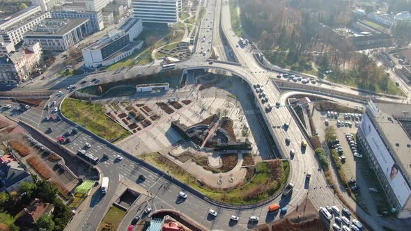 Aerial view of Mogilskie roundabout (Rondo Mogilskie) in Krakow, Poland