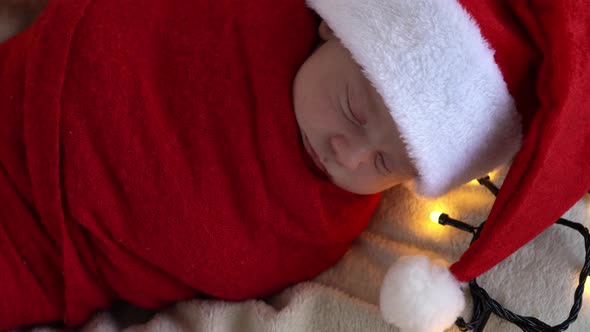 Top View Portrait First Days Of Life Newborn Cute Funny Sleeping Baby In Santa Hat Wrapped In Red