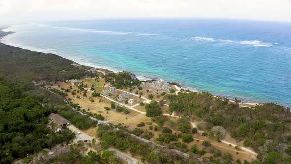 Aerial View of the Mayan Ruins of Tulum at Tropical Coast