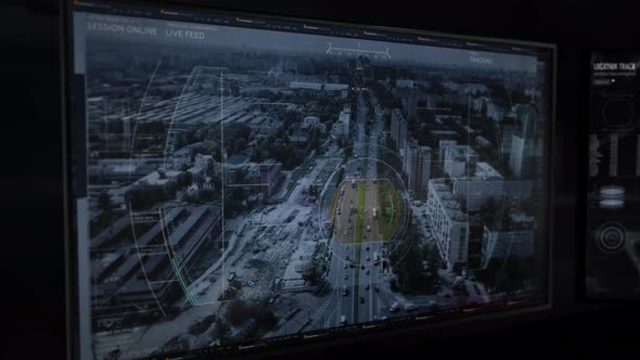 Computer Tracking System On The Wide Screen. Following The Car In The City