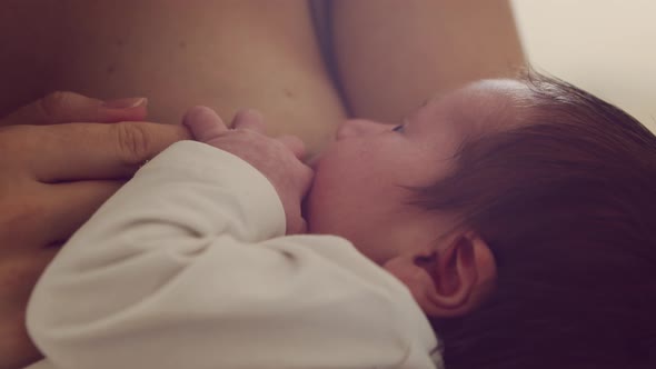 Mom breastfeeds a nursing baby. Close-up portrait of the infant and mother.