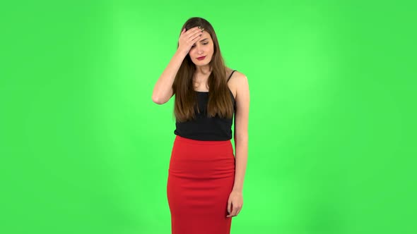 Girl Got a Cold, Sore Throat and Head, Cough on Green Screen at Studio