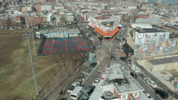 Aerial Drone Shot of Philadelphia Cheese Steak Sandwich Restaurants Landmarks