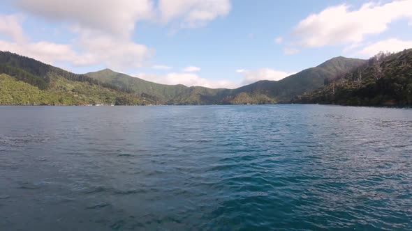 View from a boat on the Malborough Sound. Driving into a bay. Near Picton, New Zealand. Wide Angle.