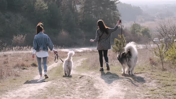 Two Young Pretty Women Are Walking with Fluffy Cute Dog in the Field