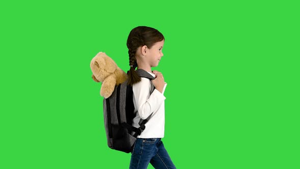 Cute Little Girl Walking To School Teddy Bear Sticking Out Her Backpack Green Screen Chroma Key