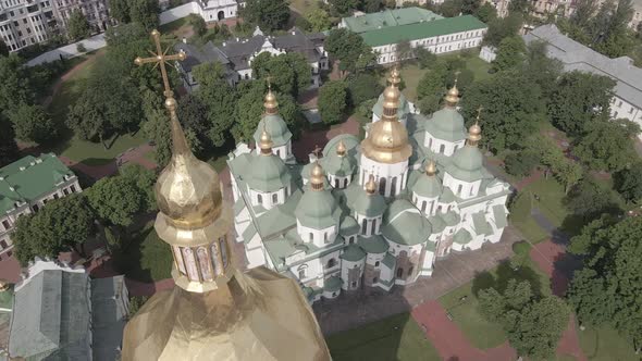 Kyiv. Ukraine: Saint Sophia's Cathedral in Kyiv. Aerial View, Slow Motion, Flat, Gray