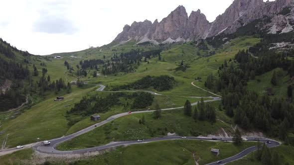 Aerial Gardena Pass in Dolomites Mountains in Italy