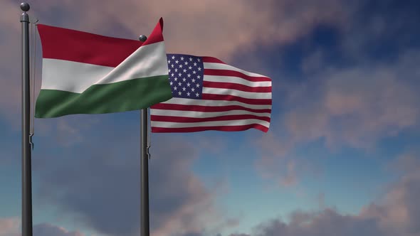 Hungary Flag Waving Along With The National Flag Of The USA - 4K