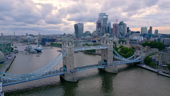 Famous Tower Bridge and City of London in the Evening  Aerial View