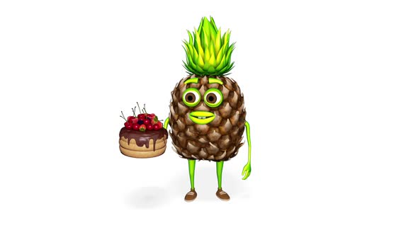 Cartoon Pineapple Shows Cake Loop On White Background