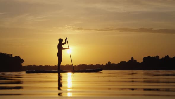 Silhouette of Woman Paddling on SUP Board