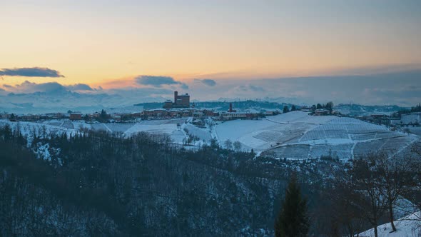 Time lapse sunset to night: famous Barolo wine yards, winter in Italy