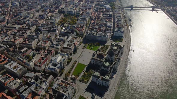 Aerial of the Hungarian Parliament Building along the River Danube