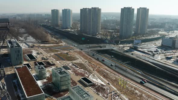 Aerial view of Housing estate in Katowice called Stars and Silesian Museum in Katowice - Day to nigh