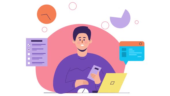 Business Man Dealing Multi Task New Idea. Working On Laptop Cartoon Video. Man working animation