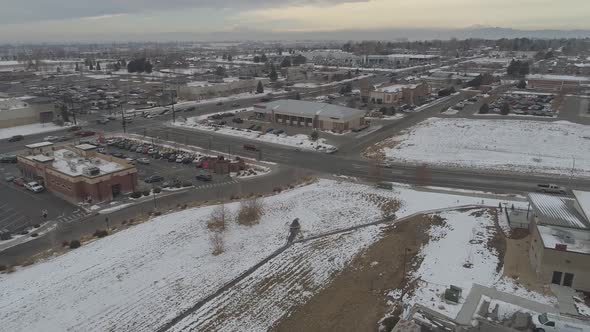 A city drone shot early morning in December before Christmas 2020 COVID 19. Shopping Center in Weld
