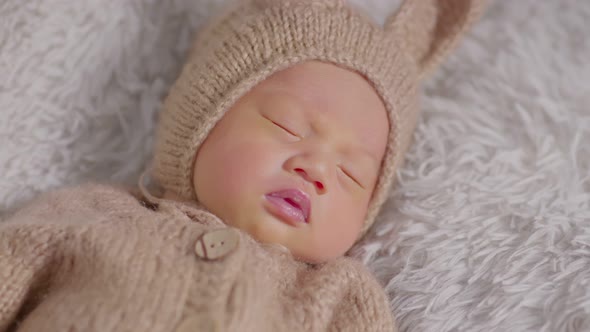 happy newborn baby weaing cute rabbit costume lying sleep on grey carpet