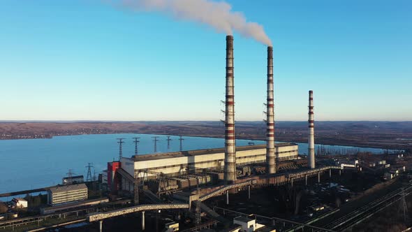 Old Thermoelectric Plant with Big Chimneys in a Rural Landscape