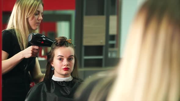 The Hair Stylist Dries Long and Wet Hair with a Hair Dryer and Combs Them