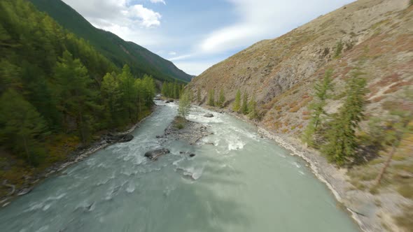 Aerial View Fast Movement Wild Water Flow Mount River with Stones Narrow Gorge Autumn Scenery