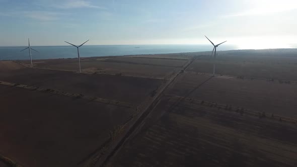 Rotating Turbines of a Wind Farm. Renewable Energy. Aerial