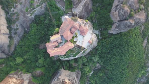 Drone view of Varlaam Monastery and Meteora rocks in Greece