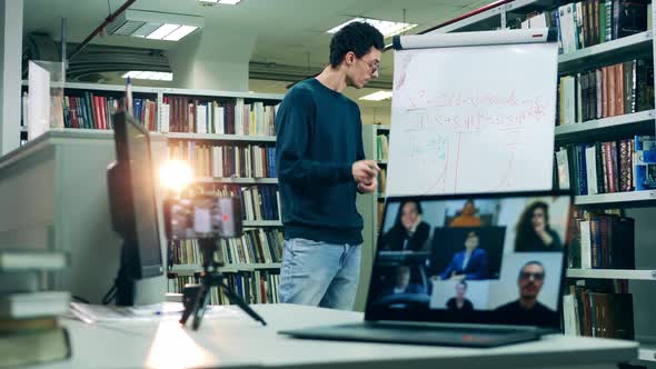 Male Teacher Is Holding an Internet Lesson in a Library