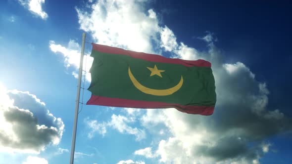 Flag of Mauritania Waving at Wind Against Beautiful Blue Sky