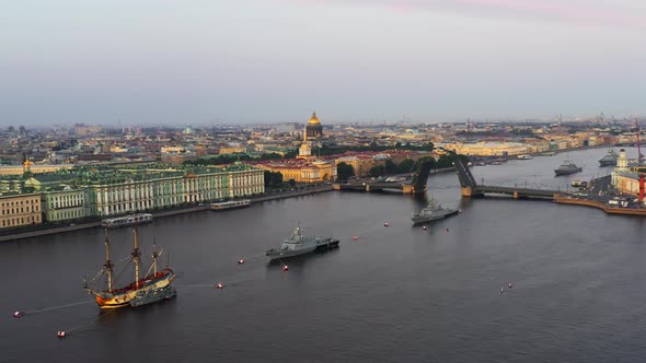 Aerial Landscape of a Replica of the Ancient Frigate Poltava and Modern Cruisers Before the Holiday