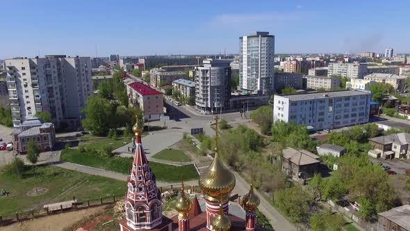 Aerial Drone Shot the Temple Built on the Edge of Town