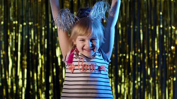Cute Little Girl Enjoy Success Celebrating Winning Rejoices Victory Feels Motivated in Night Club
