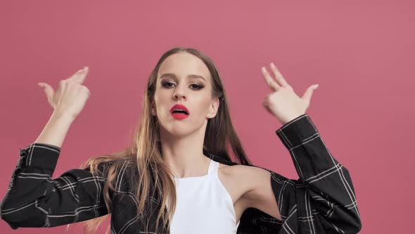 Finger Gun Gesture Young Woman With Long Hair Making Finger Pistol Sign 