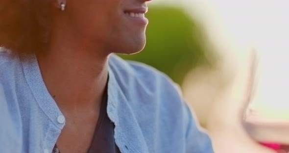 Man Side Smiling Portrait During Romantic Gourmet Dinner Outdoor at sunset.Closeshot. Friends