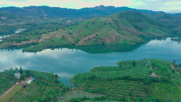 Drone view of Po Ko river, with coffee farm on the hill and coffee flower is blooming on the hill -