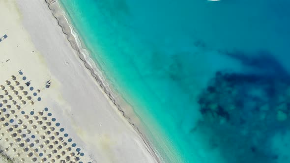 Top Down View Beautiful Sandy Beach in Ionian Sea, Greece