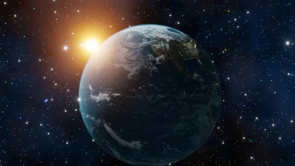 Concept of climate change, dark night, cities lights, sunrise. Beautiful 3d earth planet animation