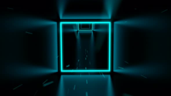 Fast Flying Through 3D Cyan Cube Neon Tunnel Loop 4K alt