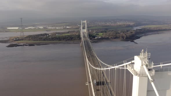 Vehicles Crossing the Severn Bridge Between England and Wales Aerial View