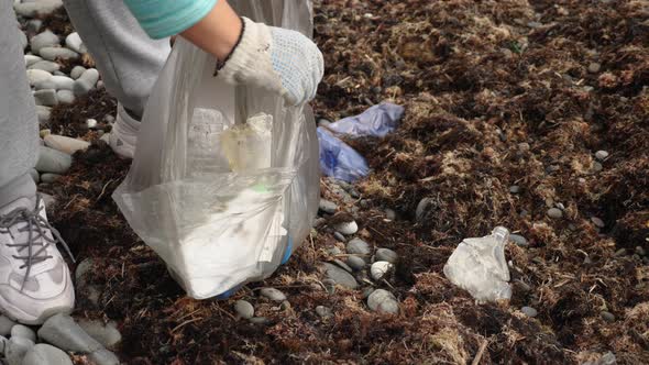 A woman wearing a glove collects plastic trash in a bag on the seashore