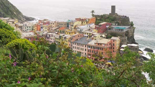 Colorful Houses on the Rock at the Mediterrenean Coast in Vernazza, Cinque Terre, Italy. The Town Is