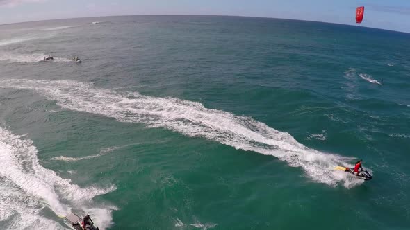 Aerial view of lifeguard surf rescue jet ski personal watercraft in Hawaii