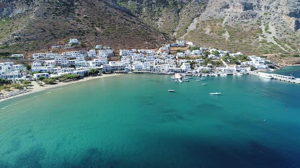 Kamares village and beach on Sifnos island in the cyclades in Greece aerial view