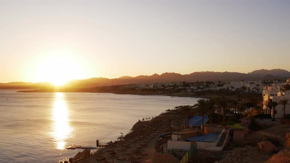 Timelapse of Romantic Sunset at the Sea Bay, Sharm El Sheikh, Egyptian Resort, Hotel Complex. Sun