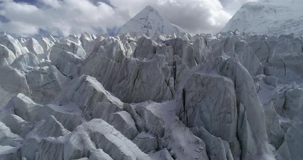 Flying drone approaching fossil glacier in tibet, China