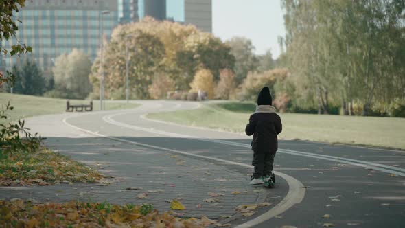 Baby Boy Rides a Children's Scooter in the Fall Park on a Sunny Day Rear View