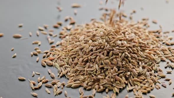 Dry Dill Seeds Pouring in Black Surface Closeup with Slomo