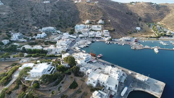 Port of the island of Ios in the Cyclades in Greece seen from the sky